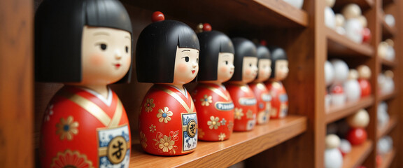 Fototapeta premium Hina dolls on mahogany shelf, showcasing Japanese tradition