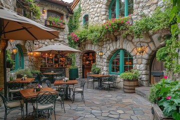 Obraz premium A charming outdoor cafe with rustic wooden furniture, potted plants, and a warm inviting ambiance, perfect for a relaxing visit.