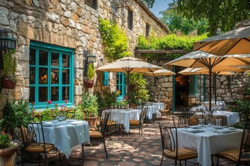 Obraz premium A charming outdoor cafe with rustic wooden furniture, potted plants, and a warm inviting ambiance, perfect for a relaxing visit.