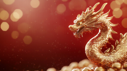 Fototapeta premium Golden Dragon of Prosperity: A majestic golden dragon figurine poised against a shimmering red backdrop with a bokeh effect, symbolizing fortune, prosperity, and good luck in the Chinese culture. 