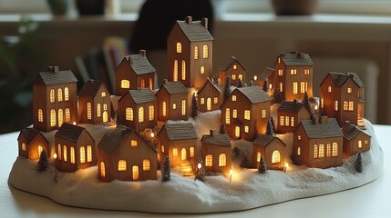 Fototapeta premium Illuminated miniature village model on snow-covered hill.