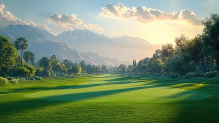 Naklejka premium Serene Sunset Golf Course in Mountainous Landscape