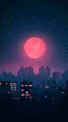 city vector illustration with glowing elements, silhouettes of buildings under sunlight 