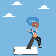 Male businessman experiencing cyberbullying, hate speech or aggressive attacking online comments, online violence, businessman caught by the outstretched hand of a smartphone