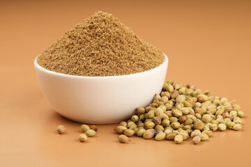 Indian spices, Coriander Powder or Dhaniya Powder with Coriander seeds ingredient for Indian cooking