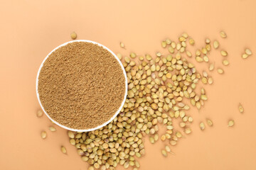 Indian spices, Coriander Powder or Dhaniya Powder with Coriander seeds ingredient for Indian cooking