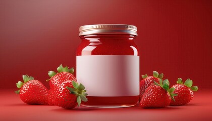 A glass jar of strawberry jam sits on a red background, surrounded by fresh strawberries, featuring a blank label for customization.