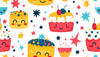 Naklejka premium Cute Cakes and Stars Seamless Illustration