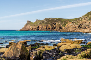 Celtic Sea Coast and cliffs in Nanjizal Beach, Cornwall, England, UK