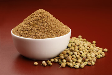Indian spices, Coriander Powder or Dhaniya Powder with Coriander seeds ingredient for Indian cooking