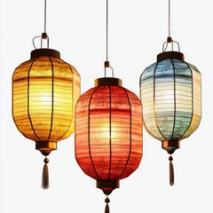 Obraz premium Colorful Traditional Lanterns Hanging in Various Bright Shades Creating a Warm Atmosphere for Festive Celebrations