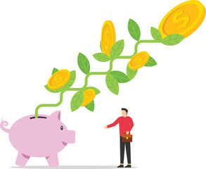 Businessman investor hand holding money flower plant from piggy bank. Investment growth, prosperity or earn more money from savings, mutual funds. Modern vector illustration in flat style

