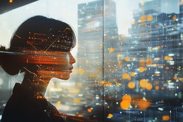 Business person working in a modern office setting, with communication network visuals and digital connections, ideal for business and technology themes