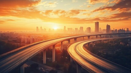 Fototapeta premium City Highway at Golden Sunrise Over Cityscape