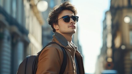 Stylish young man wearing sunglasses and walking down the street for fashion or lifestyle brand advertisements