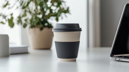 Close-up of a coffee cup and laptop on a clean desk, ideal for productivity, business, or work-from-home ads