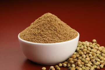 Indian spices, Coriander Powder or Dhaniya Powder with Coriander seeds ingredient for Indian cooking