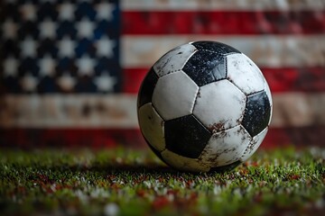Worn Soccer Ball Against American Flag, Evoking Sportsmanship and History