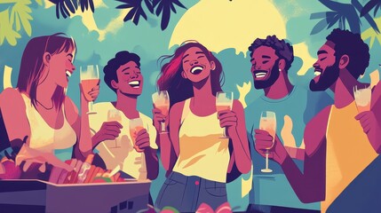 Group of friends having fun and laughing together at a barbecue, ideal for outdoor lifestyle or event brand ads