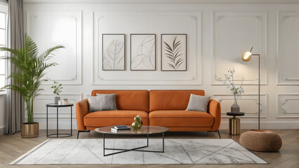 Fototapeta premium Elegant living room boasting an orange couch wall art and expansive windows
