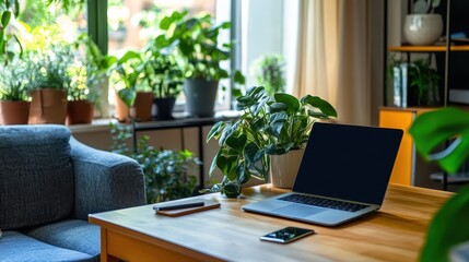 Flat lay of a healthy desk setup with a laptop, phone, and plant, ideal for productivity or remote work ads