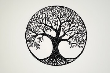 Tree of Life circle, black and white illustration