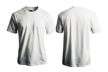 A men's white blank t-shirt template displayed from two angles on an invisible mannequin, suitable for design mockups and print applications, isolated on a white background