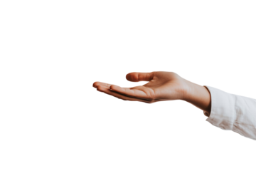 A person's hand wearing a white shirt is extended with the palm facing up against a white background. The image focuses on the arm and hand, creating a template for various design uses