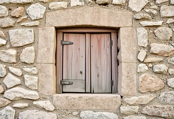 closeup view of weathered stone wall with a worn wooden window