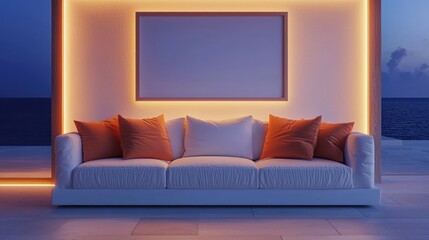 Fototapeta premium Serene Evening Relaxation by the Ocean: Coastal Living Room Design