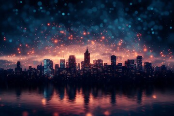 Fototapeta premium modern metropolis glowing under the evening sky with abstract tech overlays 