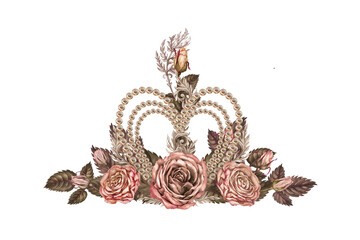 Watercolor bouquet of pink brown rose with a pearl heart in mocha mousse palette. Botanical clipart for wedding, Valentine's Day, poster, postcard, women's card, poster, mother's day, web design