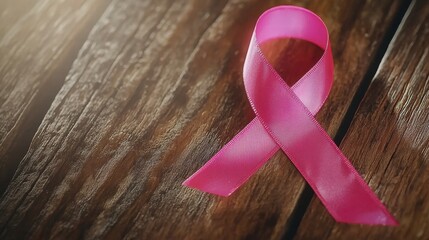 Pink ribbon representing cancer awareness on a rustic wooden surface, designed for impactful messaging