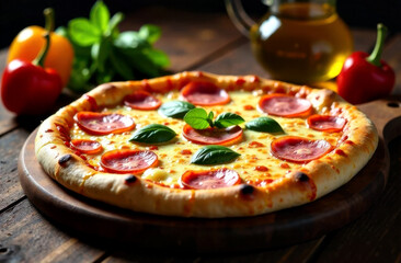 Delicious pepperoni pizza with fresh basil on a wooden table