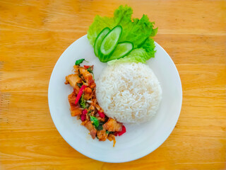 Crispy pork with basil rice