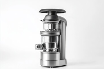 Modern silver and black juicer on white background.