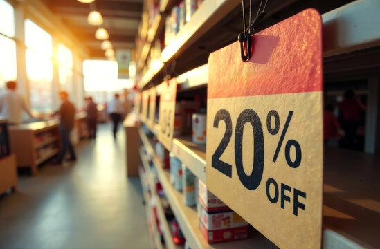 Retail aisle with 20% off sale sign in brightly lit grocery store