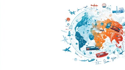 Obraz premium There is a globe in the center, the surface of which clearly depicts a world map. The globe is surrounded by various interconnected transportation symbols
