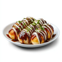 a plate of takoyaki, Japanese street food, 3D isometric art, warm golden tones, isolated on white background