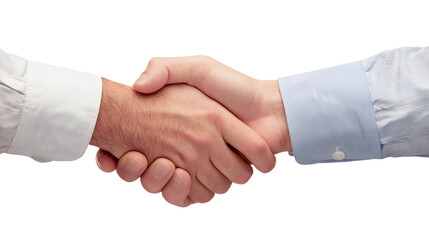 Closeup of two people in formal shirts shaking hands on a white background. Concept of agreement, partnership, or business deal