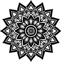 Intricate Mandala Design with Symmetrical Petals - Black and White Vector Illustration

