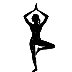 Silhouette of a Woman in Warrior Yoga Pose with Starry Texture - Vector Illustration

