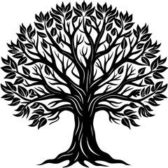 Detailed Tree of Life Silhouette with Branches and Leaves - Nature Vector Illustration

