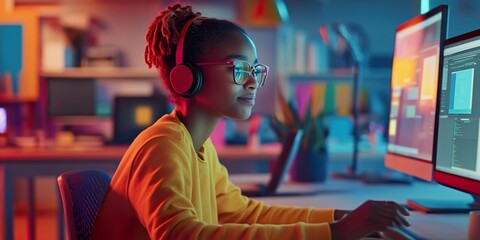 Fototapeta premium A focused young person in a yellow sweater wears headphones while working on a computer, illuminated by vibrant, colorful lighting.