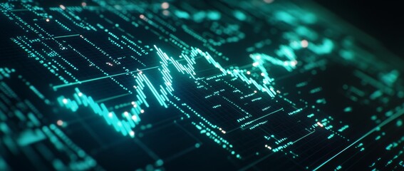 Futuristic teal digital stock market chart data visualization on a dark background.