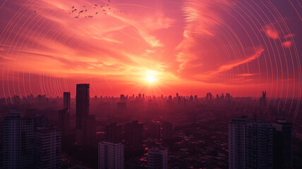 Fototapeta premium A romantic sunset over a city skyline, with radio waves dancing in the sky like fireworks for Valentine's Day.
