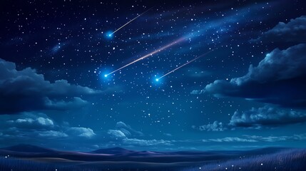 Obraz premium A stunning night sky filled with shooting stars and clouds, creating a magical celestial scene for dreamers and stargazers.