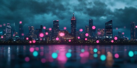 futuristic city view with abstract digital icons glowing over the skyline 
