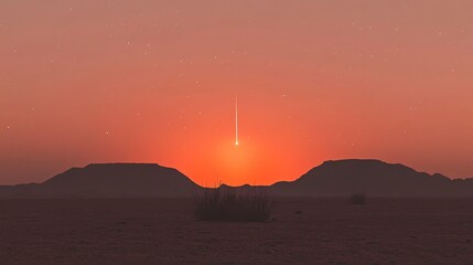 A stunning sunset over rugged mountains, with a radiant light piercing the horizon, creating a breathtaking silhouette.