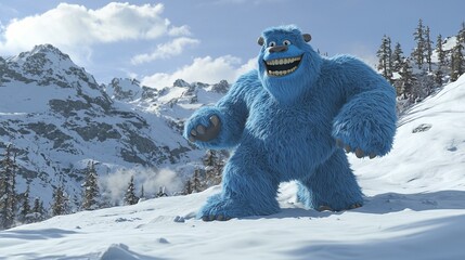 Happy blue yeti walking snowy mountainscape